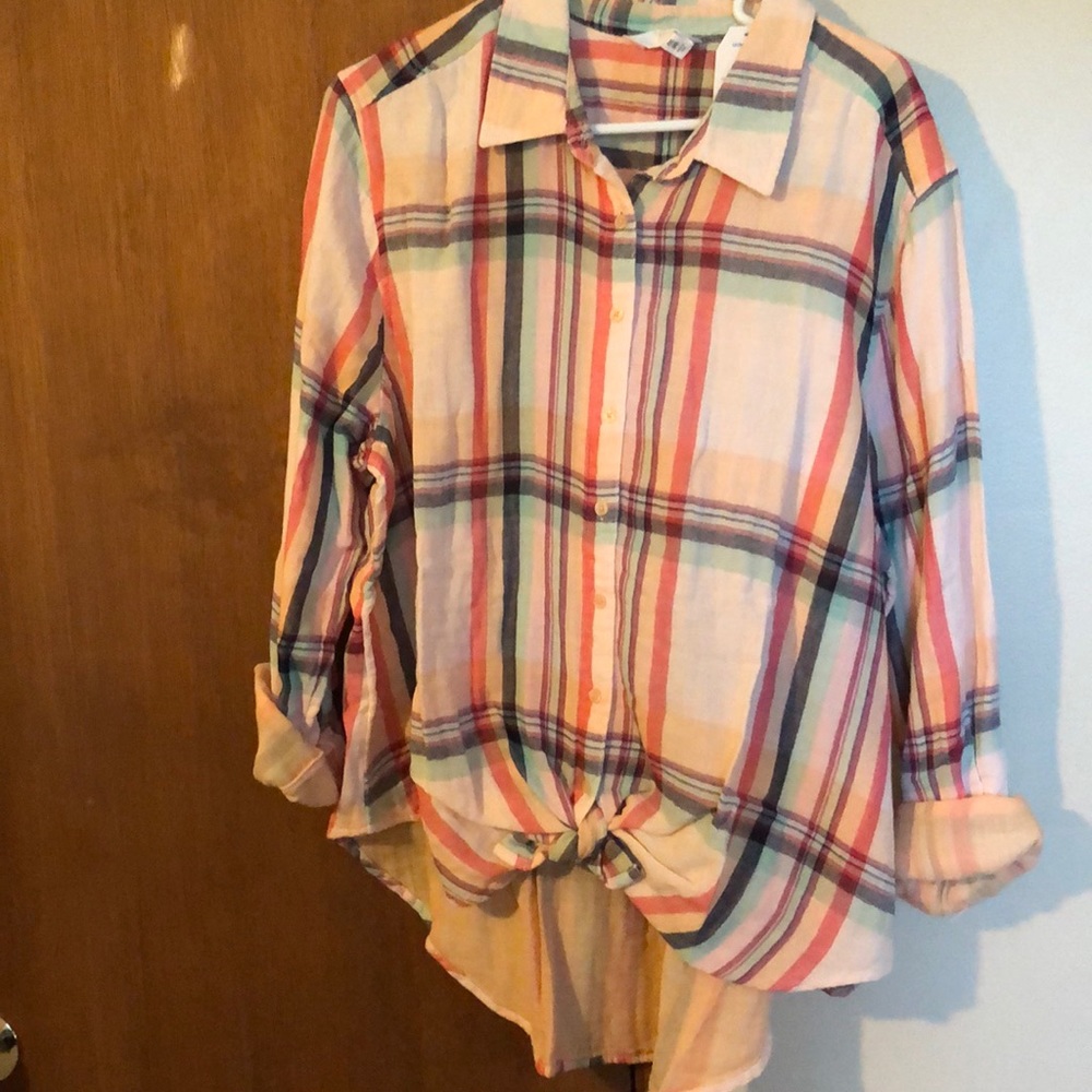 Plaid tie front button down shirt